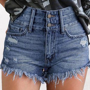 New Womens Blue Ripped Tasseled Hem Denim Shorts Small